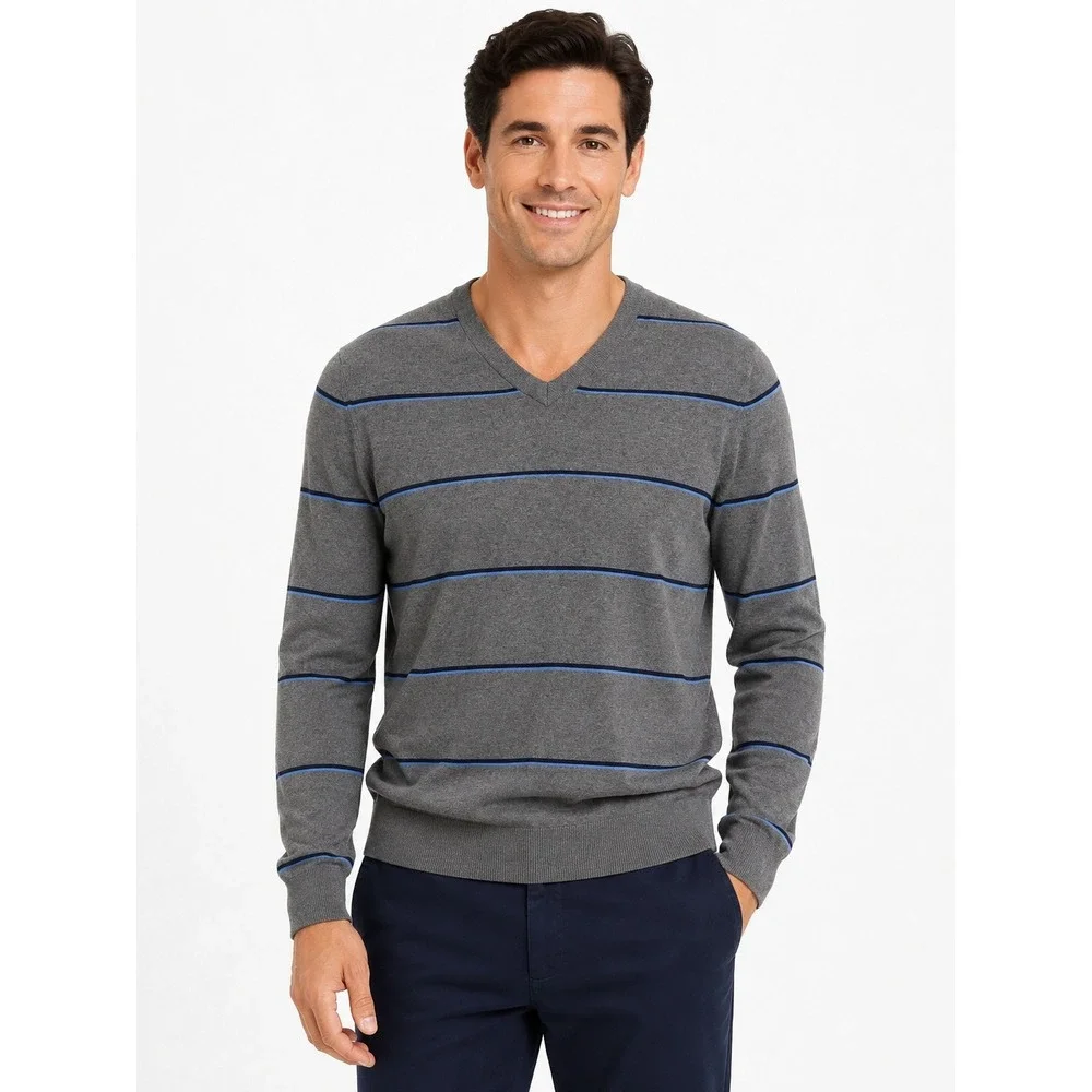 Banana Republic V-Neck Sweater Mens Medium Gray Striped Silk Cashmere Blend